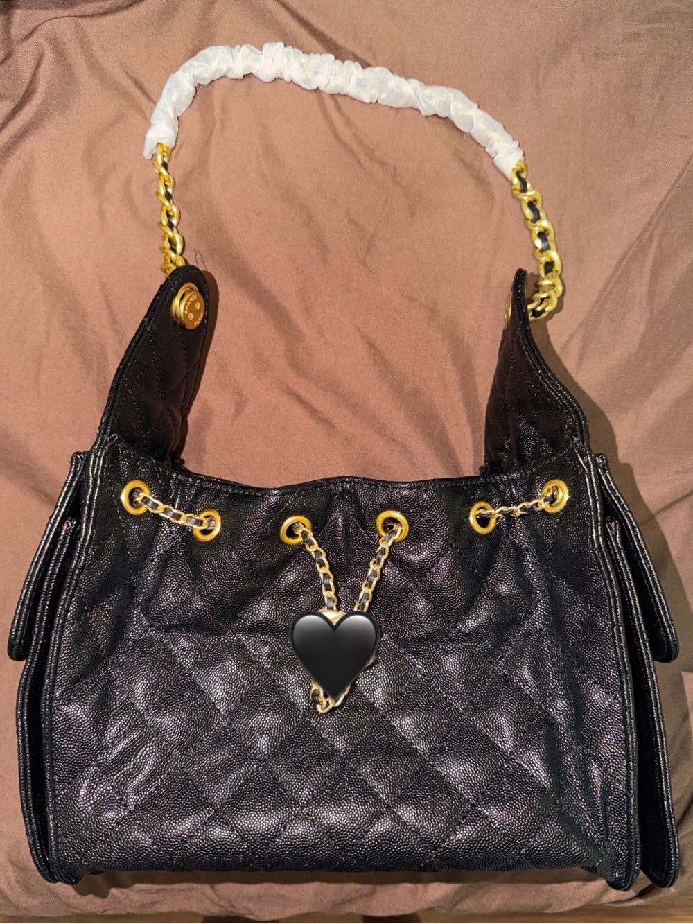Quilted Black Shoulder Bag with Gold Chain Accents
